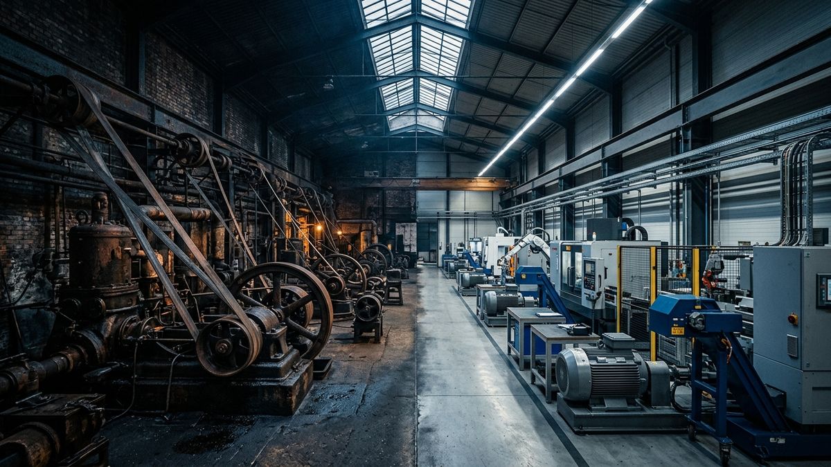 Fabrikhalle mit altem Dampfmotor neben modernem Elektromotor — Symbolbild für die AI-Adoptionslücke