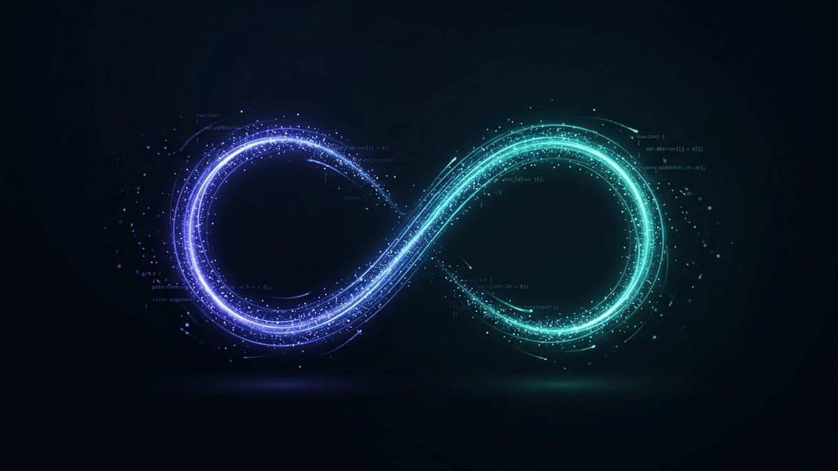 Abstraktes dunkles Bild mit einer leuchtenden Code-Schleife als Symbol für die Einfachheit von AI-Agents
