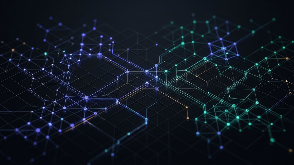 Abstrakte Visualisierung einer souveränen KI-Infrastruktur mit vernetzten Knotenpunkten in Indigo und Teal auf dunklem Hintergrund