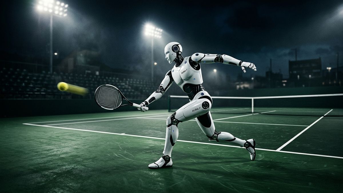 Humanoider Roboter spielt Tennis auf einem Tennisplatz